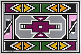 Geometric Ndebele painting by Esther Mahlangu, plum cross on a grey octagon, 2020