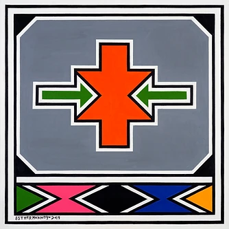 Square Ndebele painting by Esther Mahlangu, orange star on a grey ground, 2019