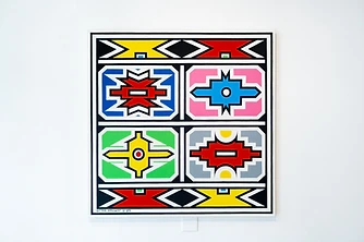 Esther Mahlangu, Untitled, 2025, 150 × 150 cm — square Ndebele geometric painting divided into four quadrants