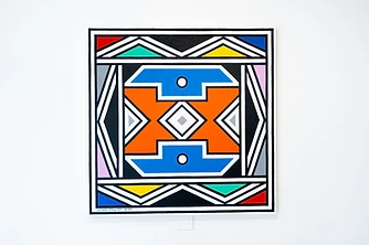 Esther Mahlangu, Ndebele Abstract, 2025 — square painting with central orange cross and blue geometric blocks
