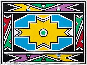 Geometric Ndebele painting by Esther Mahlangu, yellow stepped cross on a blue ground, 2020