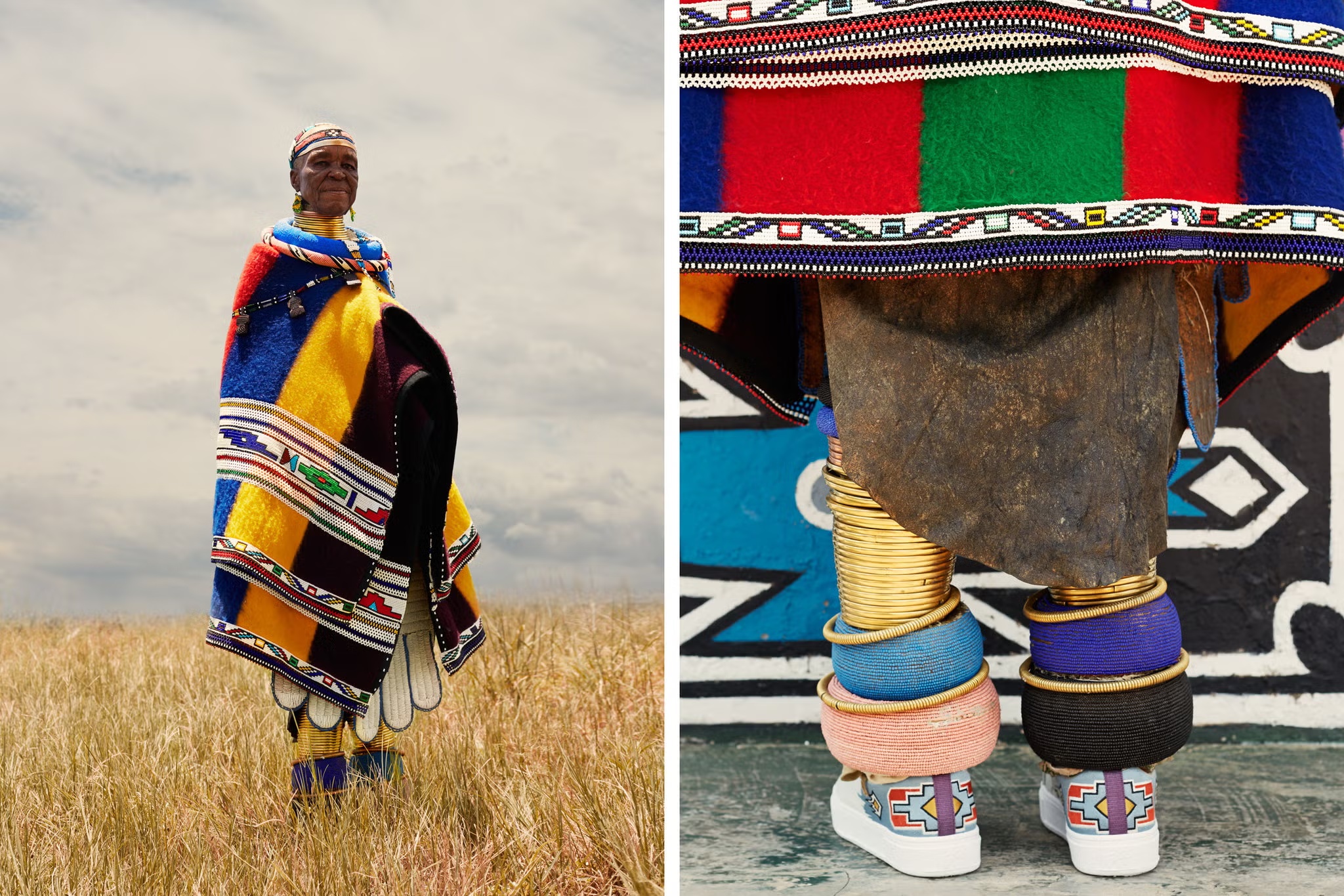Dr Esther Mahlangu in traditional Ndebele dress, with a detail of her white Eytys sneakers painted with Ndebele geometric patterns and lavender heel tabs