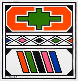 Geometric Ndebele painting by Esther Mahlangu, green cross within an orange field, 2019