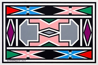 Geometric Ndebele painting by Esther Mahlangu, pink cross on a black ground, 2019