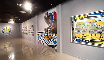 Gallery interior with Esther Mahlangu's works installed, 2021