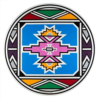Circular Ndebele painting by Esther Mahlangu, concentric design, 2020