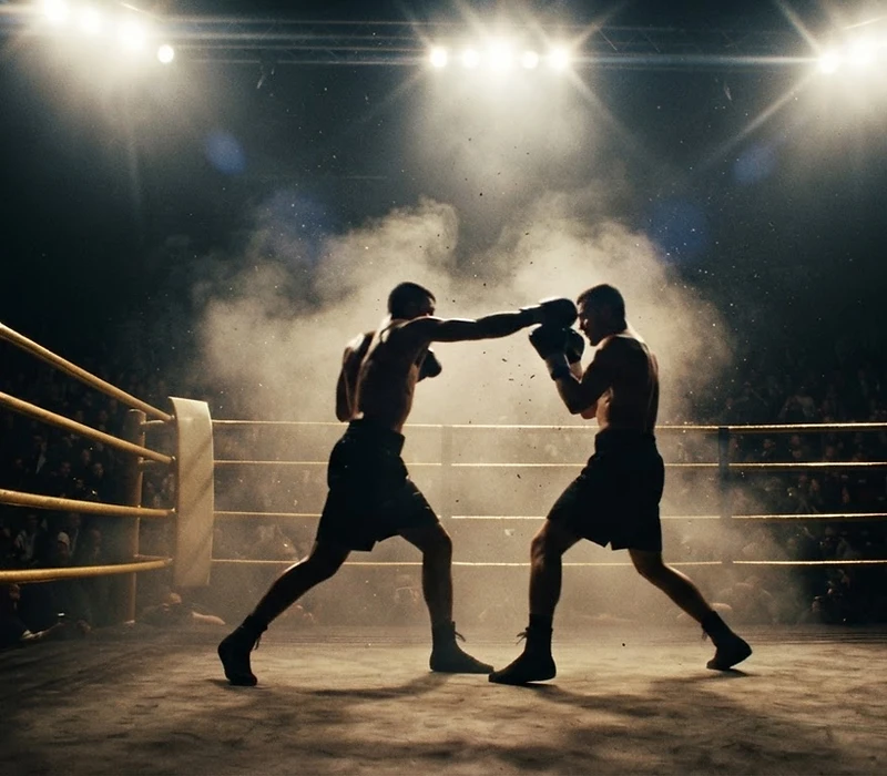 Championship boxing ring under dramatic overhead lighting