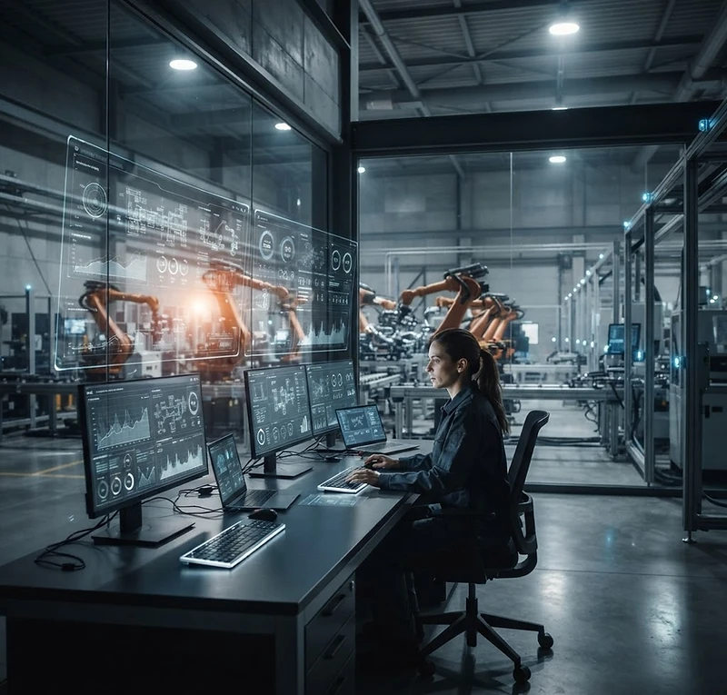 Smart factory control room with production analytics