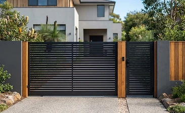 Modern black powder-coated aluminium sliding gate at a contemporary Sydney residence