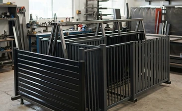 Finished black aluminium fencing panels arranged for dispatch in a clean workshop