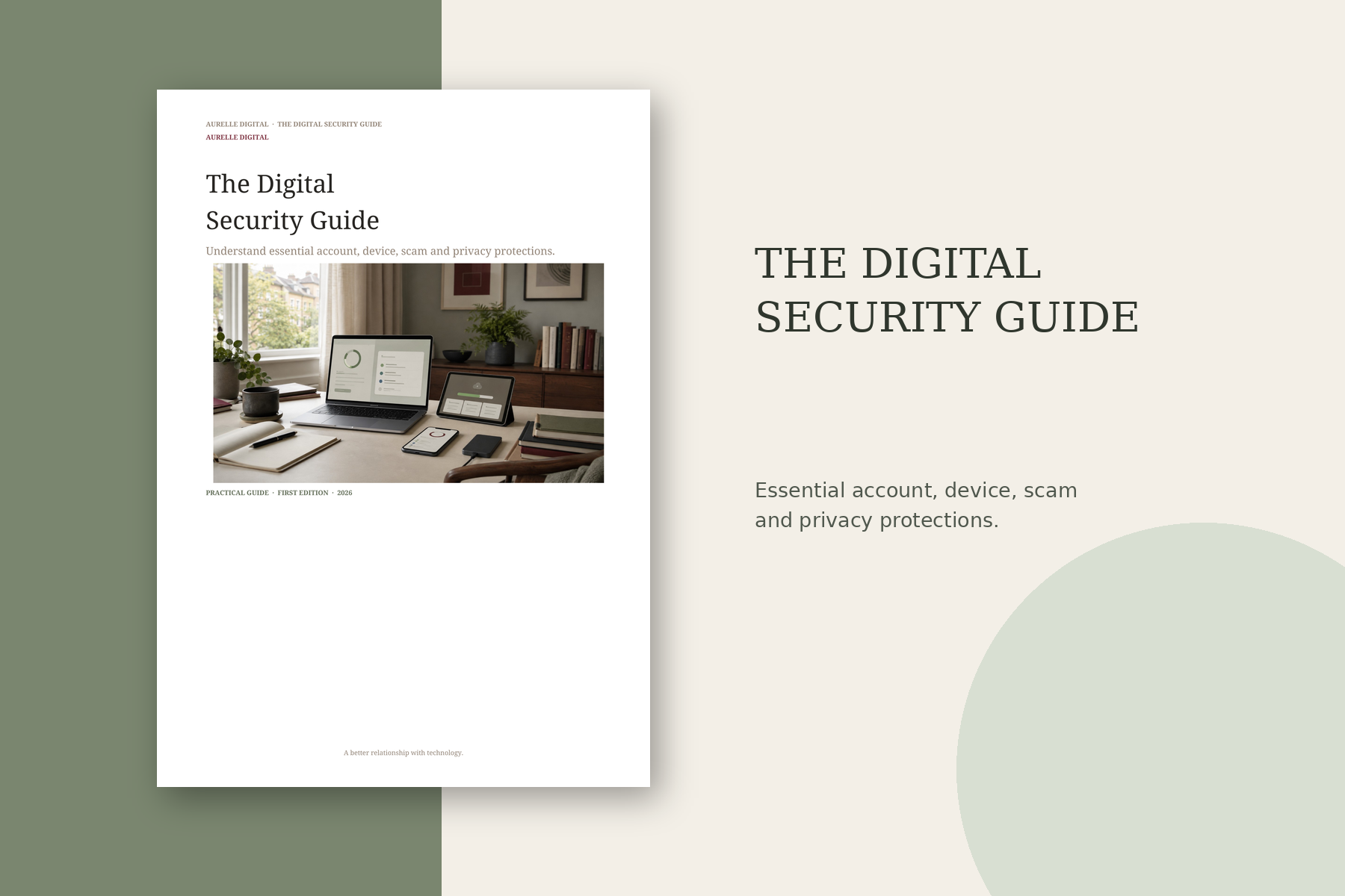 Cover of The Digital Security Guide — a calm desk workspace with a laptop, tablet and phone showing security dashboards, in warm natural light.