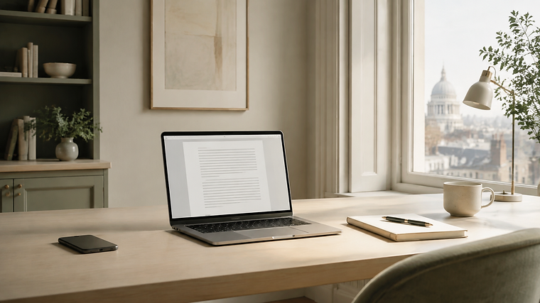 Minimal desk with laptop, notebook and lamp beside a window overlooking London