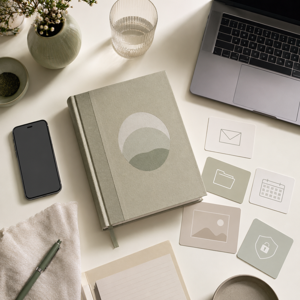 Google Essentials Handbook printable tools and quarterly review worksheet laid out on a desk.