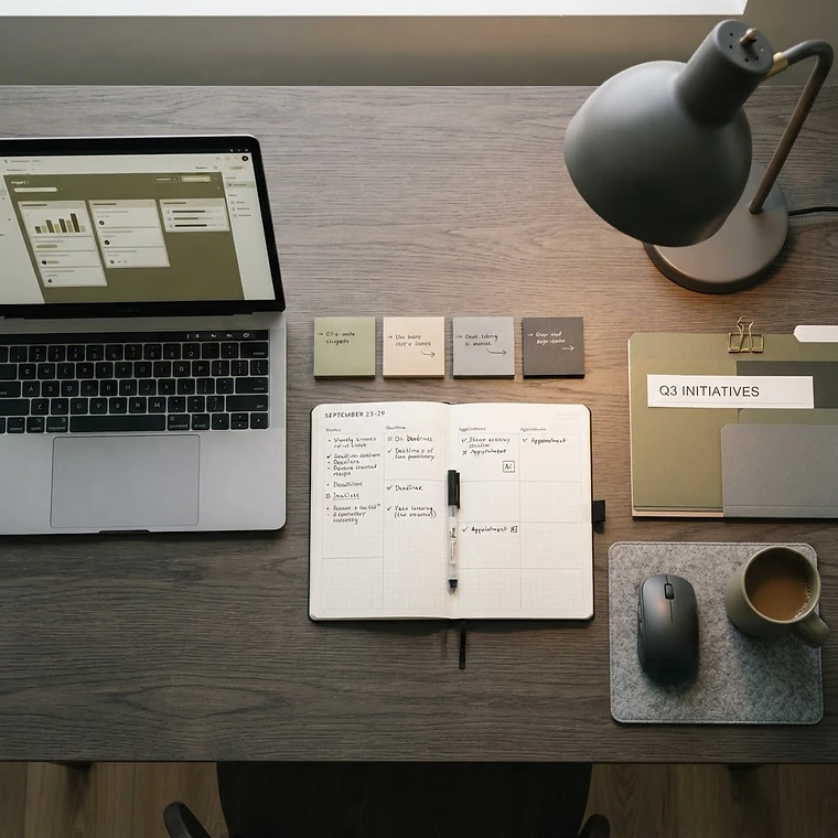 A structured workday seen from above — a laptop with a project dashboard, a weekly planner with a grid schedule, muted sticky notes, a desk lamp and a stacked project folder on a desk