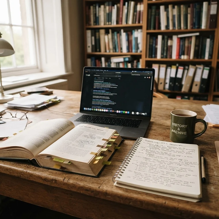 A research workspace — a laptop with search results, an open reference book, a notebook with a source log, coloured sticky tabs marking pages and a mug on a desk near a bookshelf in soft daylight