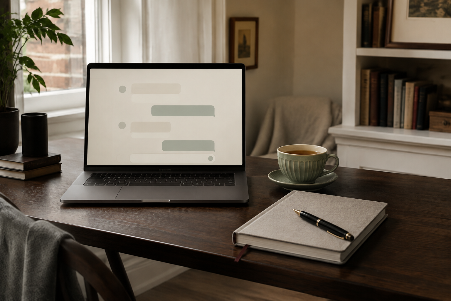 A minimalist workspace with a dark grey laptop showing a calm AI chat interface, a cup of tea, and a notebook with fountain pen on a dark wooden desk.