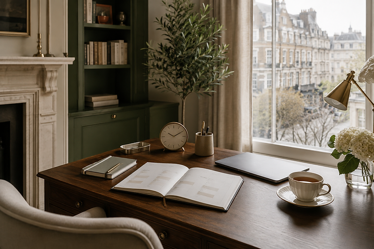 Elegant mahogany study desk with open handbook, brass lamp and view over London