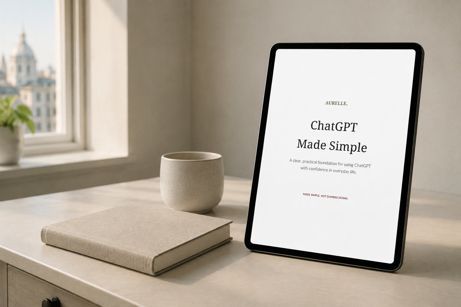Product mockup of the ChatGPT Made Simple guide cover showing the title, subtitle and Aurelle Digital branding on a tablet and printed page