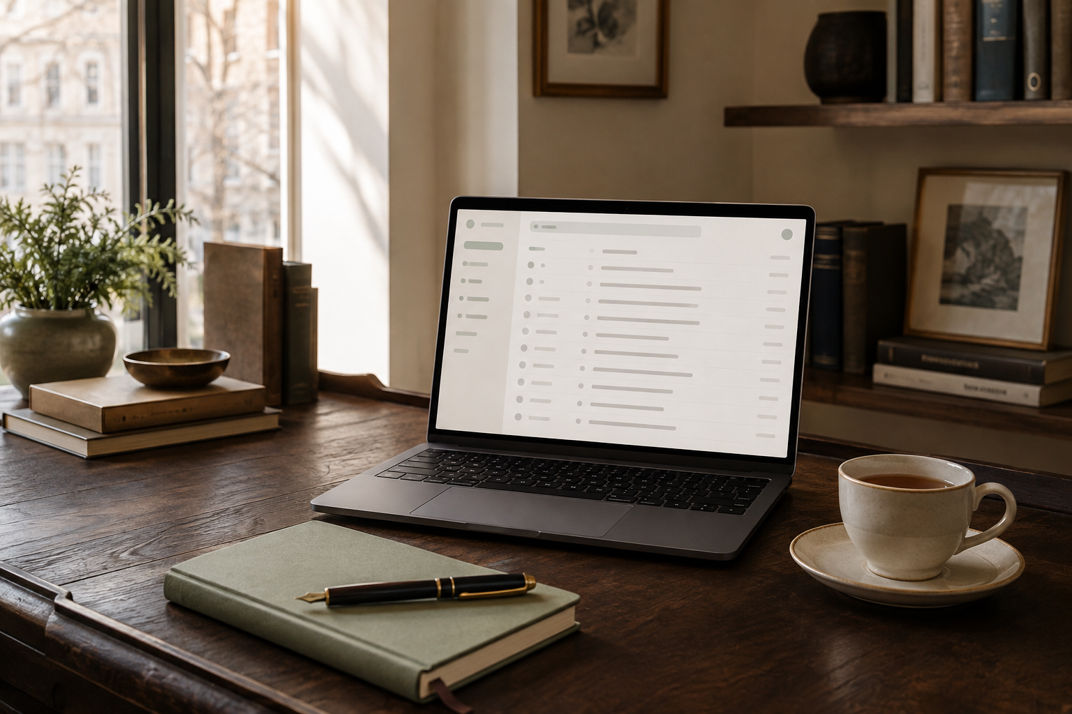 A minimalist workspace with a laptop showing a clean inbox interface, a notebook, pen and a cup of tea in warm natural light.
