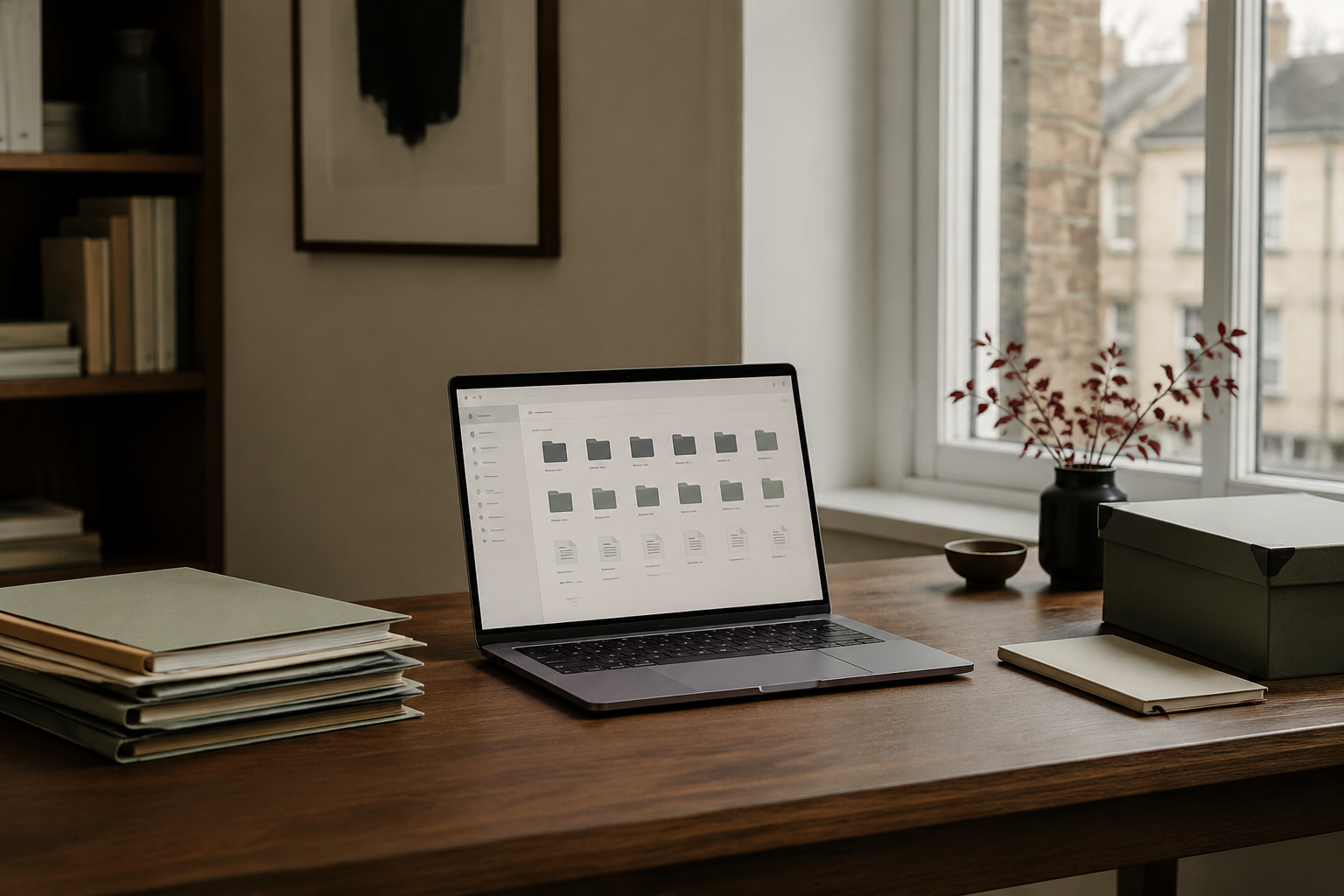 A minimalist workspace with a laptop showing a tidy folder structure, sage-green folders and a notebook in warm natural light.