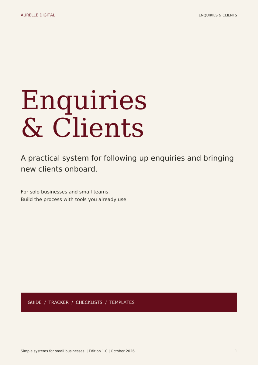 Actual cover of the Aurelle Enquiries & Clients practical guide.