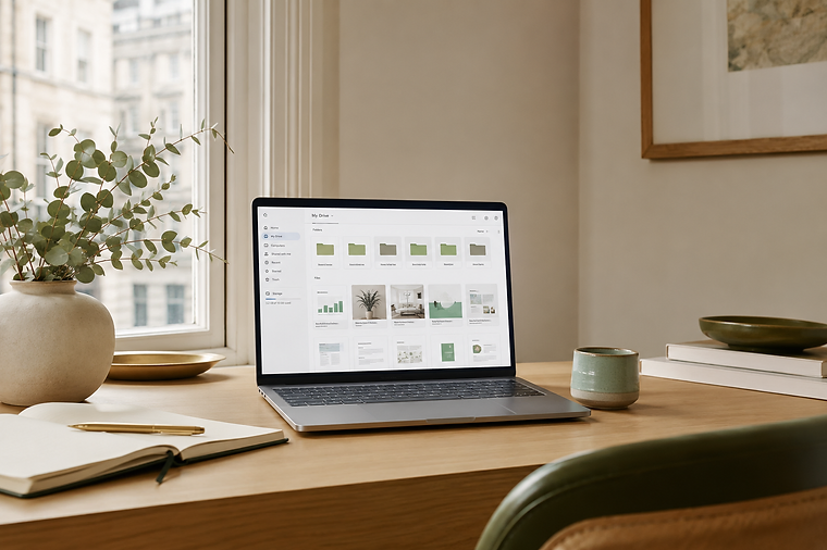 A laptop on a calm wooden desk showing an organised Google Drive interface with green folders, beside a notebook, pen and green cup, with city buildings visible through the window.
