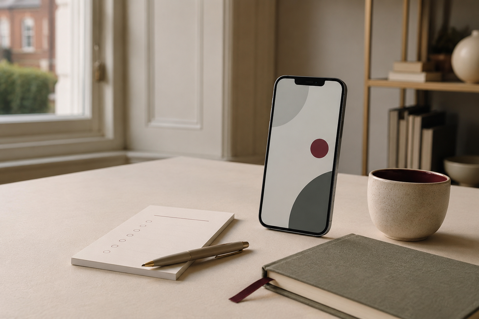 An iPhone on a calm workspace desk with a notebook and pen, illustrating Apple device setup and everyday use.