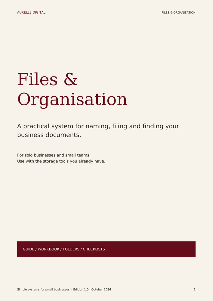Actual cover of the Aurelle Files & Organisation practical guide.