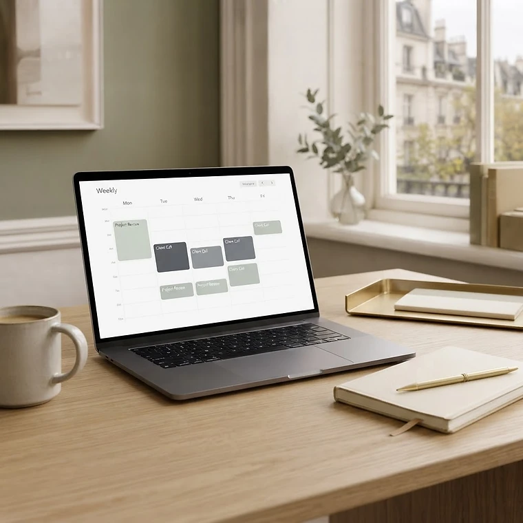 A laptop on a warm wooden desk showing a colourful Google Calendar week view, beside a closed notebook, pen and ceramic mug, with tall Georgian windows behind.