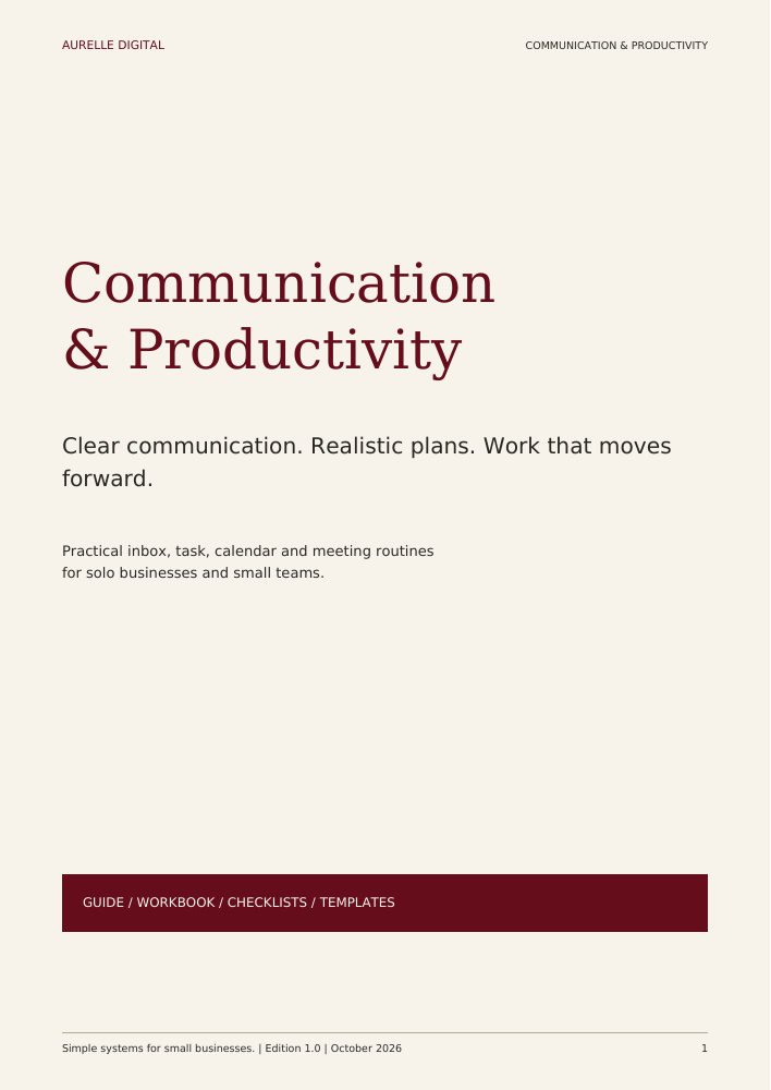 Actual burgundy and ivory cover of the Aurelle Communication & Productivity practical guide.