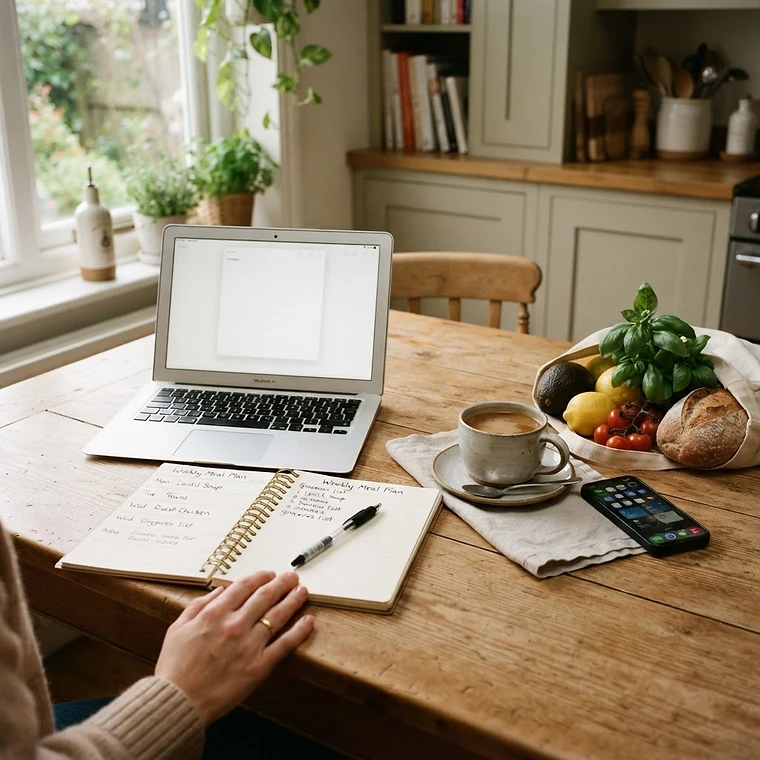 A personal planning scene at home — a laptop with a notes app, a household notebook open to a meal plan, a phone beside fresh groceries and a cup of coffee on a wooden table in warm morning light