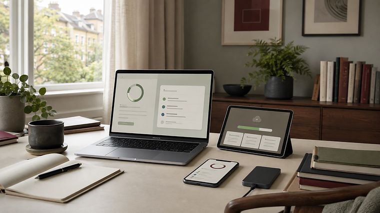 A calm desk workspace with a laptop, tablet and phone showing security dashboards, in warm natural light.