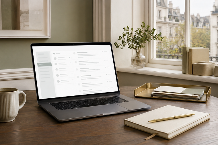A laptop on a warm wooden desk showing a clean Gmail inbox, beside a notebook, pen and coffee cup, with a Paris street view through the window.