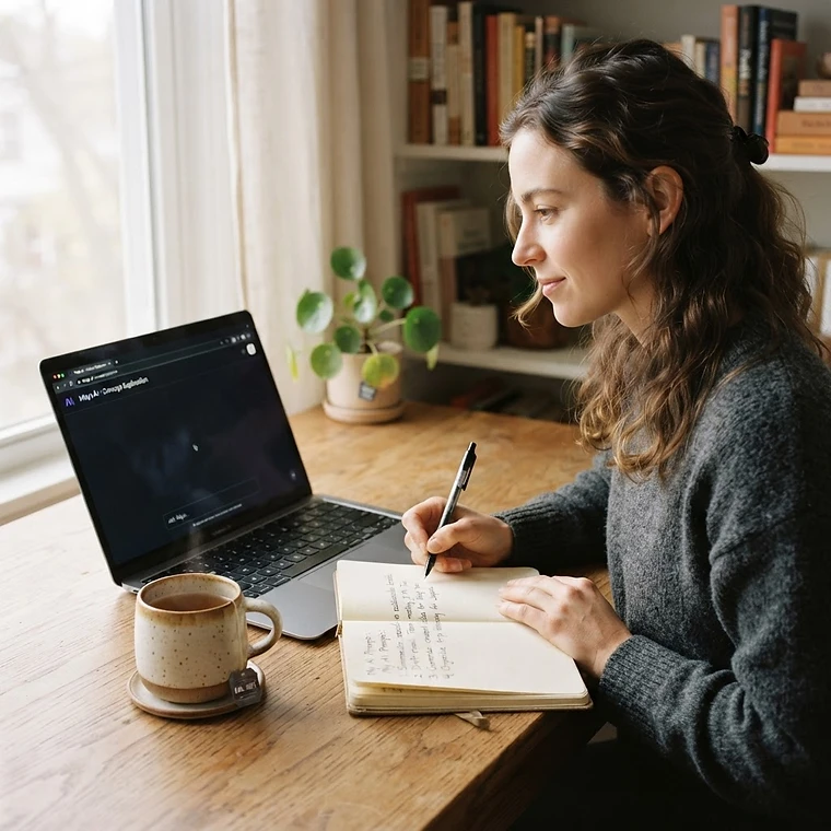 A quiet learning scene — a laptop showing a calm chat interface, a handwritten notebook with prompt notes, a pen and a cup of tea on a warm wooden desk in soft side light
