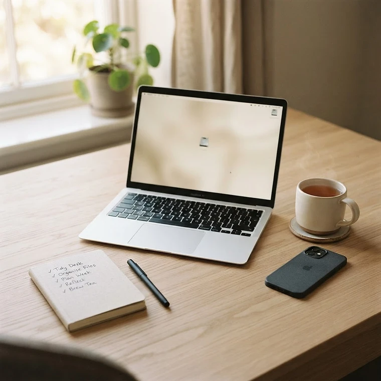 A calm digital reset scene — a laptop with a clean desktop, a notebook with a short reset checklist, a phone placed face-down and a cup of tea on a pale wooden desk in warm natural light
