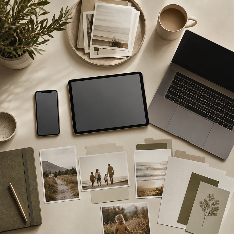 A calm workspace with Apple devices, a notebook and an external drive, illustrating iCloud sync, storage and backup