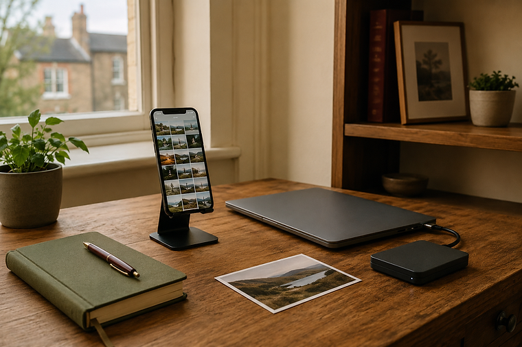 A desk scene with an iPhone showing a photo grid, an external hard drive, a notebook, a fountain pen and printed photographs — a calm backup workflow.