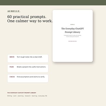 Product mockup of The Everyday ChatGPT Prompt Library guide cover showing the title, subtitle and Aurelle branding