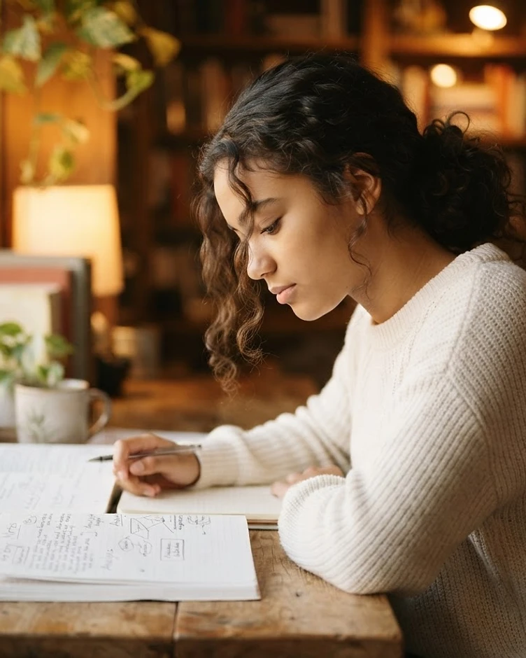 A thoughtful teenage student at a calm workspace, lit by soft window light