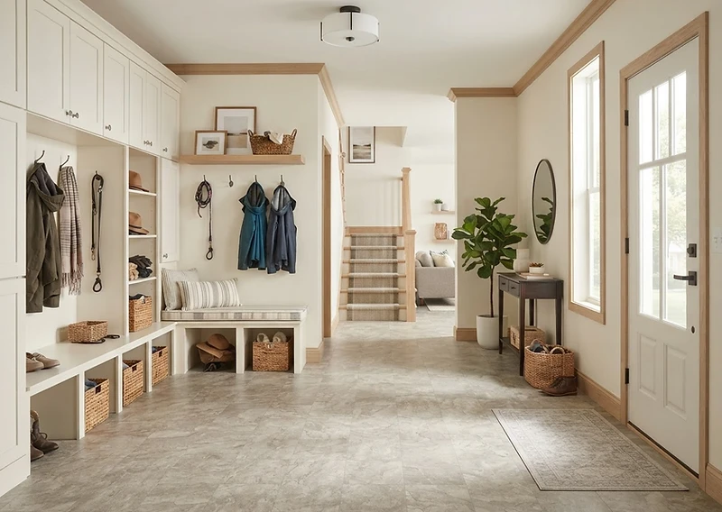 Vinyl flooring in a residential entryway and mudroom