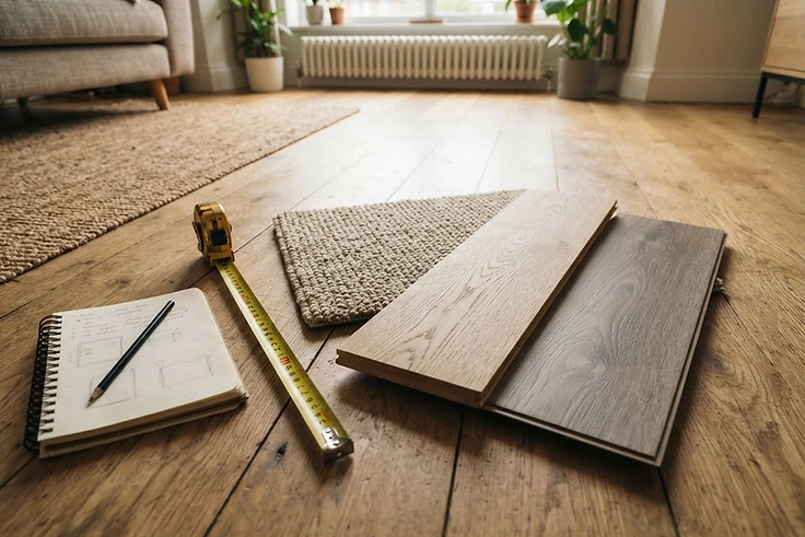 Carpet, oak plank and vinyl flooring samples laid out on a living room floor during a free in-home estimate