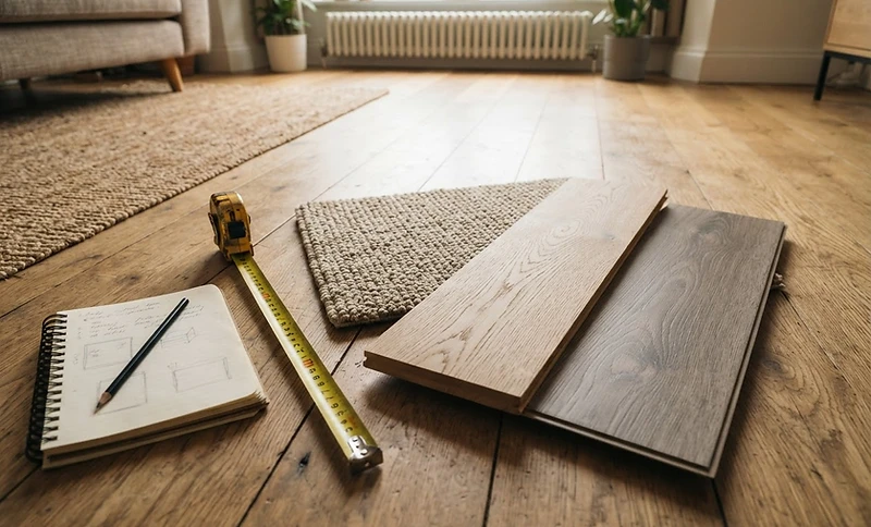 Flooring samples laid out during an in-home consultation