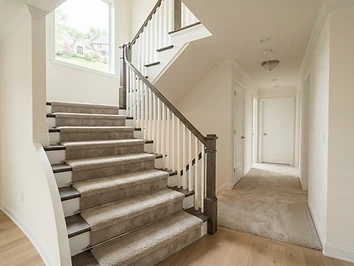 Carpeted staircase and hallway installed by Quick Carpet in a Michigan home