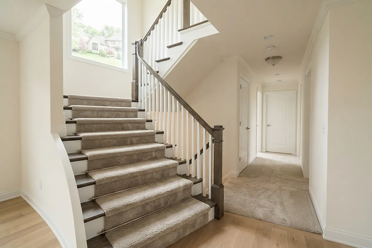 Carpet being installed on a staircase and hallway