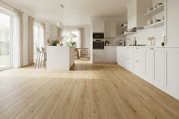 Wood-look laminate flooring in a bright kitchen