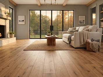 Wide-plank luxury vinyl flooring installed in a Sterling Heights living room by Quick Carpet