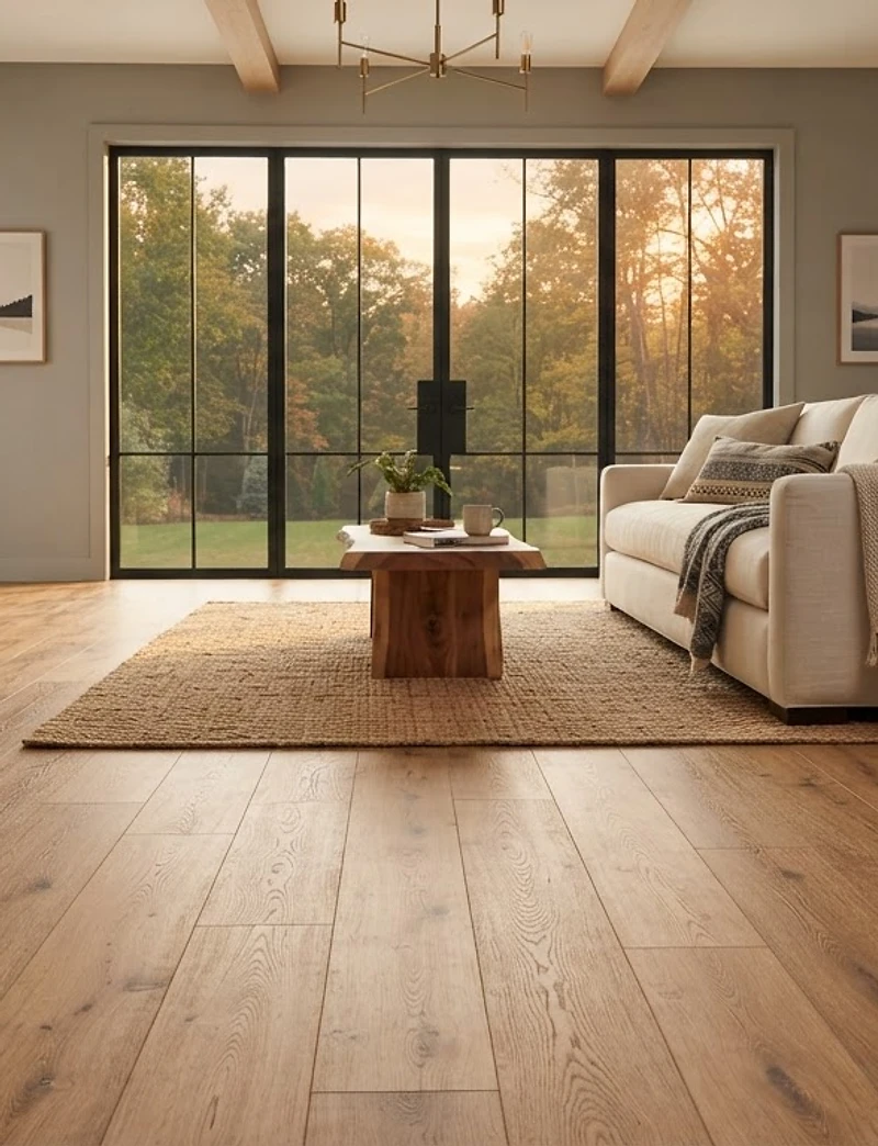 Wide-plank luxury vinyl flooring installed in a sunlit Sterling Heights living room by Quick Carpet