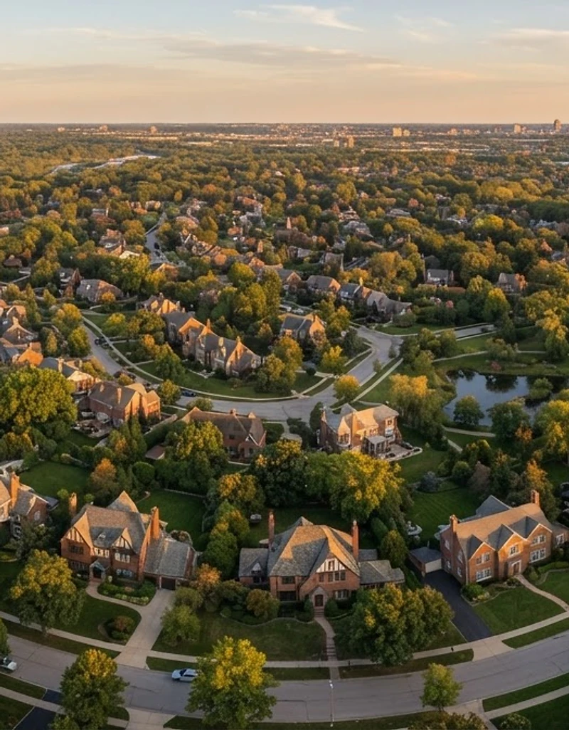 Aerial view of a tree-lined Metro Detroit suburban neighborhood at golden hour