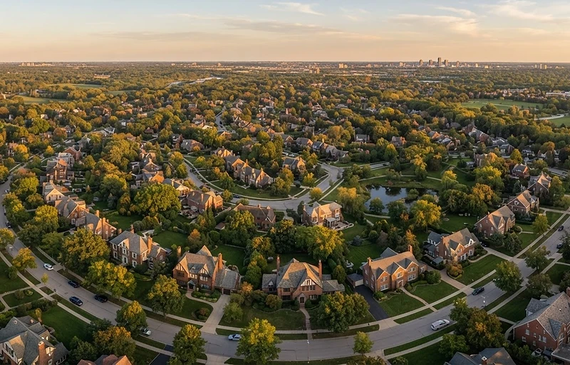 Aerial view of Metro Detroit suburban neighborhoods at golden hour