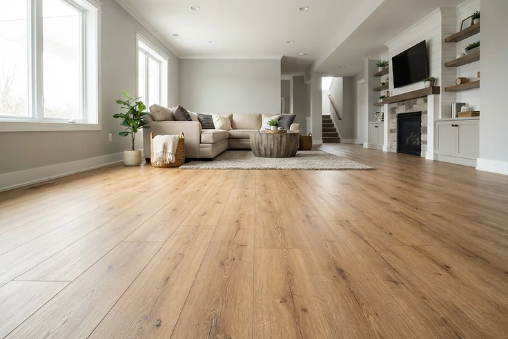 Luxury vinyl plank flooring in a finished Michigan basement